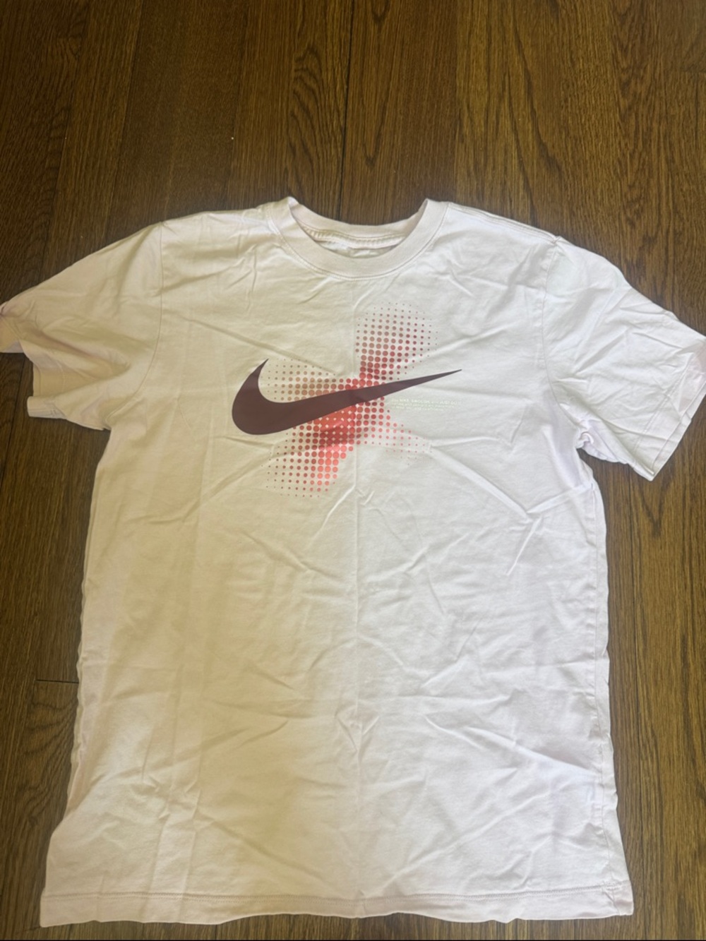 Nike White Short Sleeve Tee with Maroon Swoosh and Red Accent light pale pink